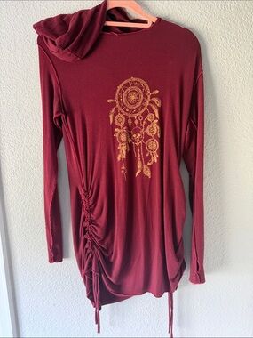 Women's Burgundy Long-Sleeve Hooded Tunic with Gold Dreamcatcher